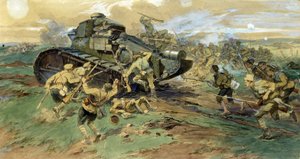 Fangsten av en tank på Krim. Kampscene under den russiske borgerkrigen (1917-1923), mot den hvite hæren mot de røde garde. Verk av Nikolai Semyonovich Samokish (1860-1944), akvarell på papir av Nikolay Semenovich Samokish