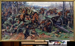 Det russiske kavaleriet anklaget det tyske artilleriet i 1915 (Det russiske kavaleriet anklaget det tyske artilleriet i 1915). Maleri av Nikolai Yakovlevich Borisov (1873-1942). Olje på lerret, 75 x 142 cm, tidlig 1900-talls russisk kunst. Statens sentrale av Nikolay Yakovlevich Borisov
