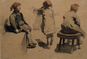 Gutter med nissehetter (akvarell på papir) av Nils Bergslien