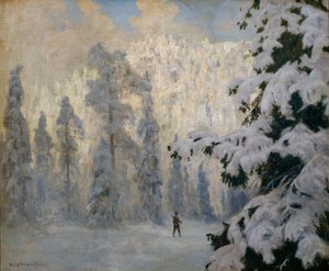 Hunter Skiing (olje på lerret)