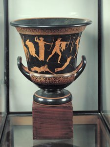 Attisk rød-figur calyx-krater som viser niobidenes død, ca. 460-50 f.Kr. (keramikk) (se også 92576-77)