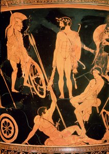 Herakles og greske helter, detalj fra en attisk rød-figur calyx-krater, ca. 490 f.Kr. (keramikk) (se også 92577 og 19106) av Niobid Painter