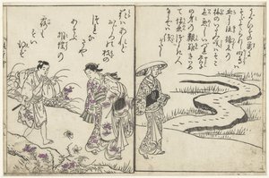 Turgåere i et landskap med blomster av Nishikawa Sukenobu (attributed to)