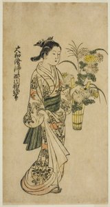 Ung jente som bærer et blomsterarrangement av Nishikawa Sukenobu