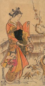 En ung dame i en hage. av Nishimura Shigenaga