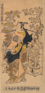 Skuespilleren Ogino Isaburo som en omreisende blomsterselger, ca. 1738., ca. 1738.