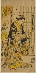 Skuespilleren Segawa Kikujiro I som Oshichi i stykket "Shochikubai Kongen Soga," fremførte på Ichimura Theatre i den tredje måneden, 1732