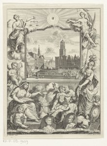 Stadsgezicht met Domkerk te Utrecht en allegorie med Utrechtse stedenmaagd Tittelside for: Elias de Vries, Dissertatio juridica, de jure naturale ac gentium, seu duobus prioribus juris fontibus, 1745. av Noach van der Meer (I)