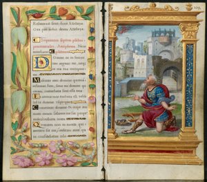 Tilstøtende blader fra en timebok: Botssalmer og kong David i bønn..., ca. 1530-35.