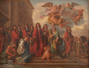Ordførerne i Paris forlater Hotel de Ville til Notre Dame for å takke etter seieren til Seneffe i 1674, ca. 1681 (olje på lerret)