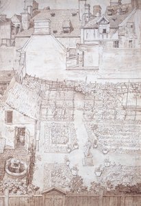 En hage til et byhus, med parterrer og vinpergola, omgitt av bygninger, ca. 1677 (penn og brunt blekk med brun vask)