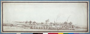 Chateau de Vincennes, med skorsteiner som røyker (penn og blekk på papir)
