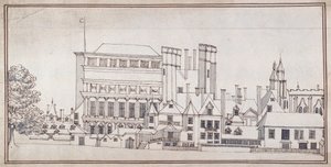 Whitehall med Holbein Gate og Inigo Jones's Banqueting House, ca. 1677 (penn og brunt blekk med grå vask)