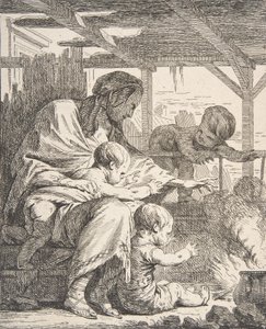 Familien varmer hendene ved en brann, 1700-tallet, 1700-tallet.