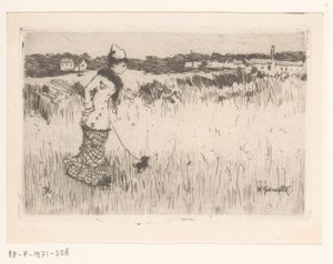 Vandrende dame med hund i et landskap av Norbert Goeneutte