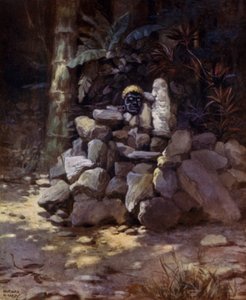En helligdom eller grav til en høvding i Simbo, Salomonøyene (farge litho) av Norman Hardy