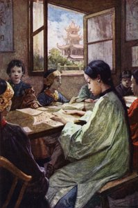 Kina: En skole (farge litho) av Norman Hardy