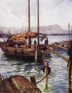 Kina: Hong Kong havn (farge litho) av Norman Hardy