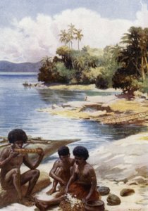 Middagstid på Kwato, Britisk Ny-Guinea (farge litho) av Norman Hardy