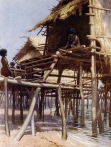 I Pile Dwellings på Hanuabada, Port Moresby, Britisk Ny-Guinea (farge litho) av Norman Hardy