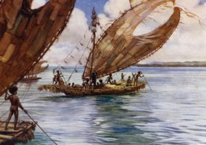 Store handelskanoer, Britisk Ny-Guinea (farge litho) av Norman Hardy