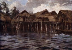 Motu Village from the Sea (farge litho) av Norman Hardy