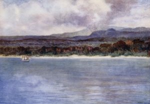 Mount Marion, den aktive vulkanen, Island of Ambryn, New Hebrides (farge litho) av Norman Hardy