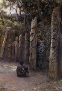 Steinen "Demits", eller sjelene, med tilhørende trefigurer, Malekula Island, New Hebrides (farge litho) av Norman Hardy