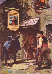 En mann lente seg ut i måneskinnet, fra Treasure Island utgitt av MacDonald 1947 (farge litho)