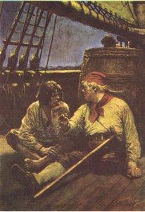 Tønnen ristet da han lente skulderen mot den, fra Treasure Island utgitt av MacDonald 1947 (farge litho)