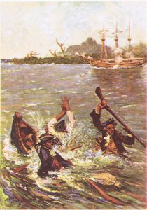 Båten sank ved hekken i tre fot vann, fra Treasure Island utgitt av MacDonald 1947 (farge litho) av Norman Mills Price