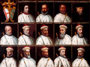 Våpenskjold fra republikken gener og portretter av dogene - Simone Boccanegra, Ottaviano Fregoso og Antoniotto II Adorno; Andrea Doria. Oberto Cattaneo Lazzari, Battista Spinola, Battista Lomellini, Cristoforo Grilaldi Rosso, Giovanni Battista Doria