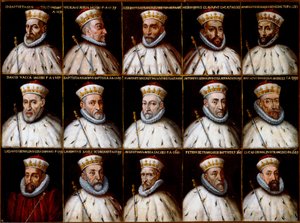 Våpenskjold fra republikken gener og portretter av dogene. Gio. Battista Gentile Pignolo, Nicolò Doria, Gerolamo De Franchi Toso, Gerolamo Chiavari, Ambrogio Di Negro, Davide Vacca (eller Vaccari), Battista Negrone, Gio Giustiniani Campi, Antonio Grimal