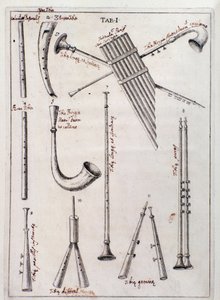 Blåseinstrumenter Side fra "The Three Types of Musical Instruments"-verk om gamle instrumenter av Francesco Bianchini