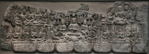 Veggskulptur: Himmelske samlinger av Buddhaer og Bodhisattvaer, Handan, Hebei-provinsen, 550-577 (kalkstein med spor av pigment)