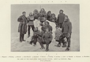Mannskapet på Fram etter deres andre vinter, ca. 24. februar 1895 (s/hvitt-bilde) av Norwegian Photographer