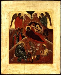 Ikon for fødselen, tilbedelsen av vismennene og fristelsen til St. Joseph, ca. 1500 (bladgull og tempera på panel)