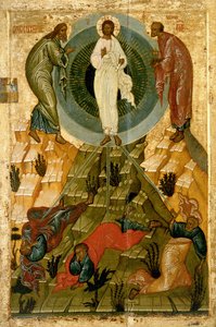 The Transfiguration of Our Lord, russisk ikon fra Holy Theotokos Dormition Church på Volotovo-feltet nær Novgorod (tempera på panel)