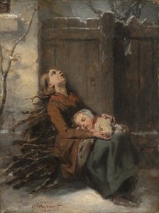 Utsatt død mor som holder sitt sovende barn om vinteren, ca. 1850.