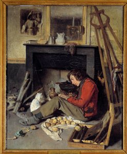 Verkstedinteriør En maler nær peisen sin. Maleri av Octave Tassaert (1800-1874) 1845 Søn. 0,46x0,38 m