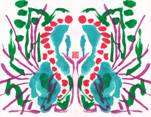 Påfuglgrønt rødt blomstermønster, 2023 (gouache på papir, digital)