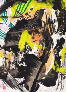 Zen Fire And Wind Ink Abstraction, 2018 (blekk og farge på Xuan-papir) av Odilia W. Y. Fu
