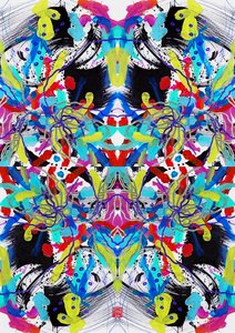 Zen Ink Blue Red Yellow Floral Pattern, 2023 (akryl på papir, digital) av Odilia W. Y. Fu