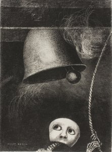 A Mask Sounds the Funeral Knell, plate tre fra To Edgar Poe av Odilon Redon