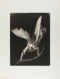 Og jeg så en engel komme ned fra himmelen, med nøkkelen til den bunnløse gropen og en stor kjede i hånden, plate 8 av 12 av Odilon Redon