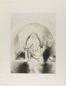 Og jeg så i høyre hånd av ham som satt på tronen en bok skrevet i og på baksiden, forseglet med syv segl, plate 2 av 12 av Odilon Redon