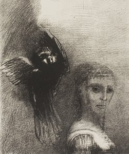Og en stor fugl, som stiger ned fra himmelen, kaster seg mot det øverste punktet på håret hennes, plate 3 av 10 av Odilon Redon