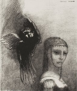 Og en stor fugl, som stiger ned fra himmelen, kaster seg mot det øverste punktet på håret hennes, plate 3 av 10 av Odilon Redon