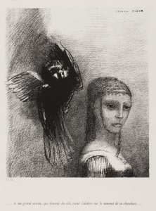 Og en stor fugl, som stiger ned fra himmelen, kaster seg mot det øverste punktet på håret hennes, plate 3 av 10, 1888 av Odilon Redon