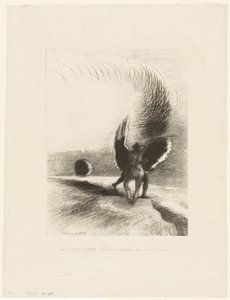 Under vingen til en skygge bet den svarte skapningen energisk, plate 4 av 6 av Odilon Redon